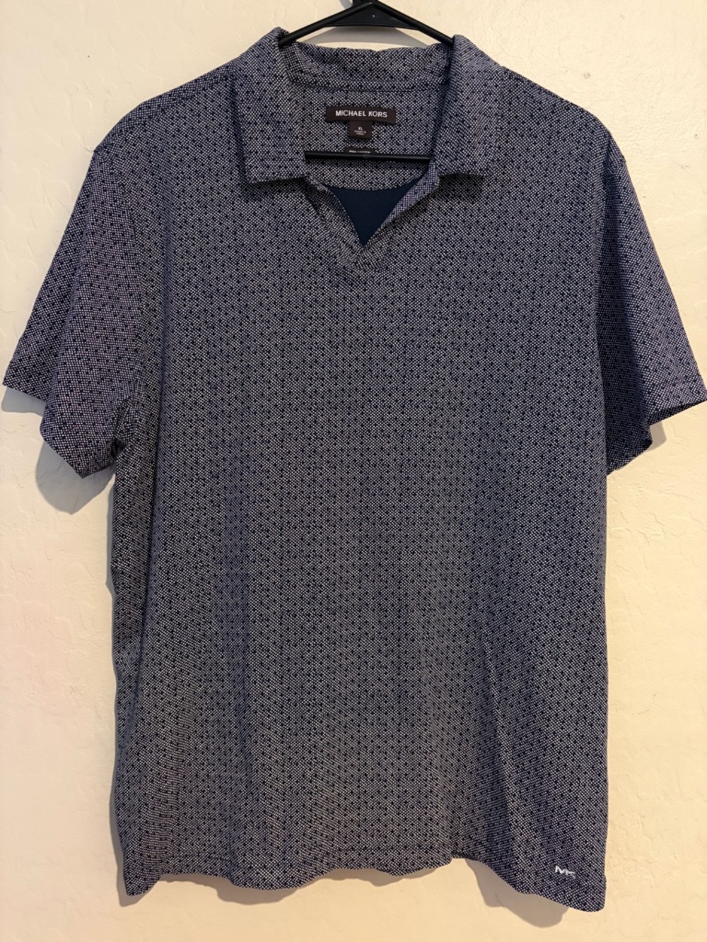 Michael Kors Pima Cotton Polo Shirt Navy White Micro Print Short Sleeve-Mens XL